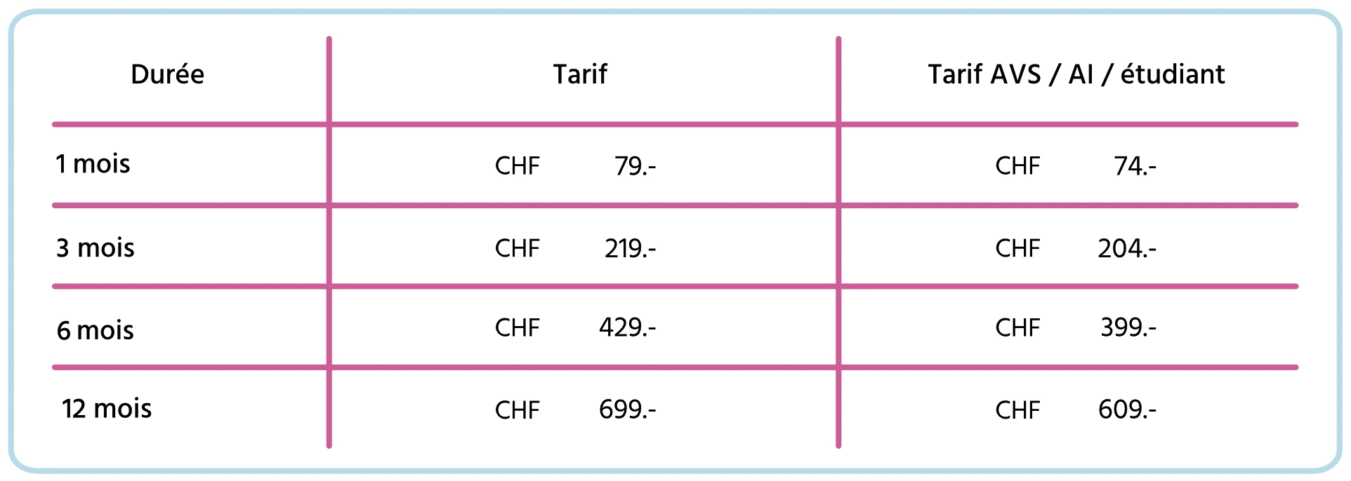 grille des tarifs